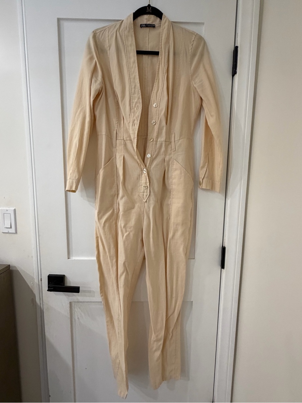 Zara Cream Button-Front Long Sleeve Jumpsuit